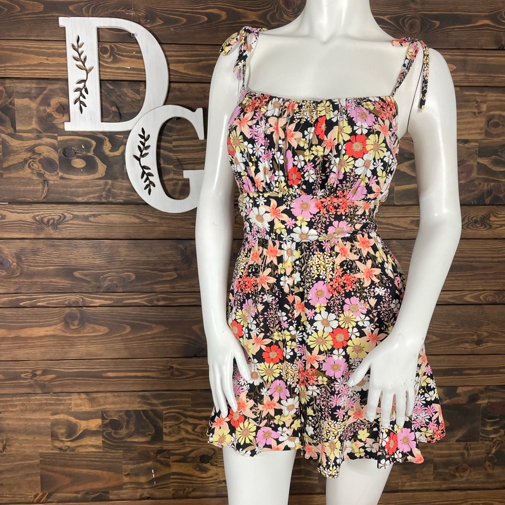 Lily Rose | Smocked Floral Bow Tie Spaghetti‎ Strap Romper Flowy Coquette Ruched